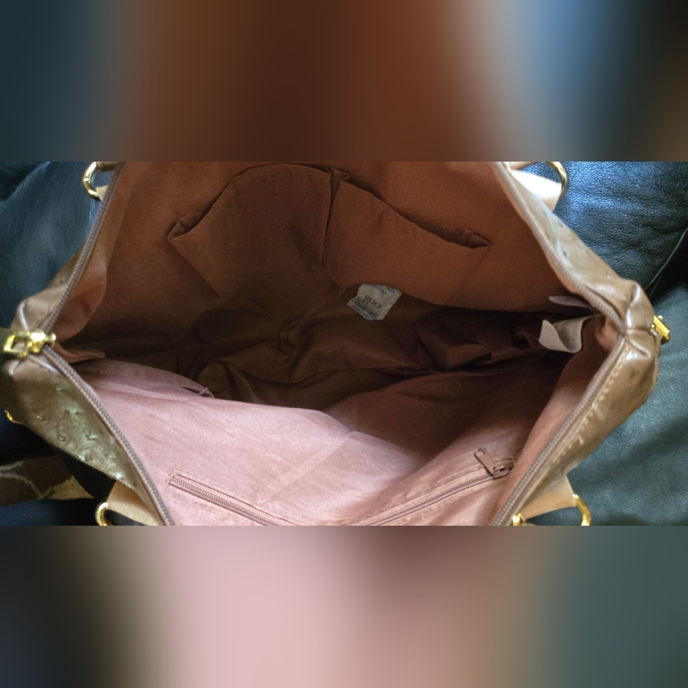 mark. Light Brown Faux Ostrich Medoum Travel Tote with Gold Accents 16"×12"×5" - Picture 6 of 8